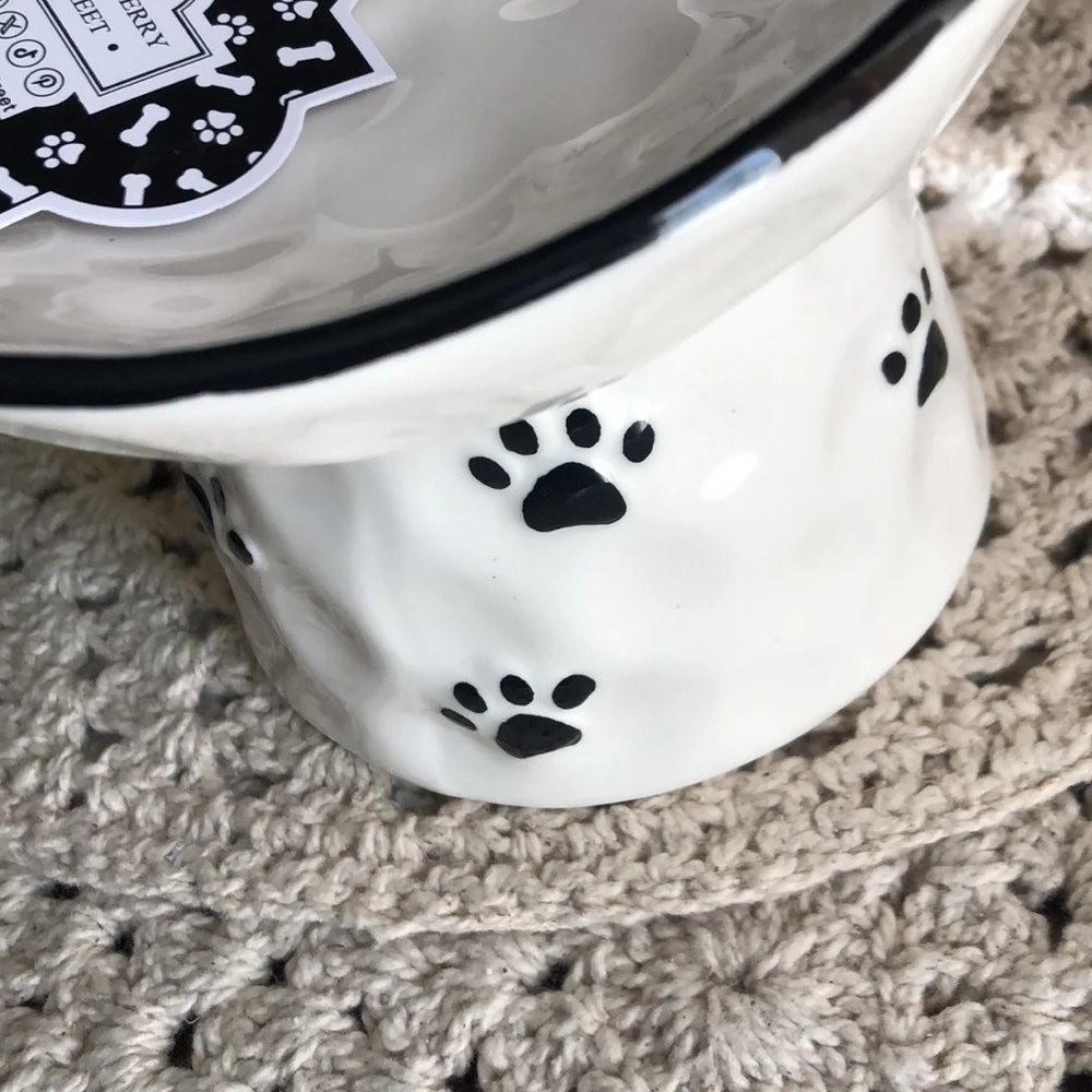 Ceramic Raised Pet Bowl with Black Paw Prints - White